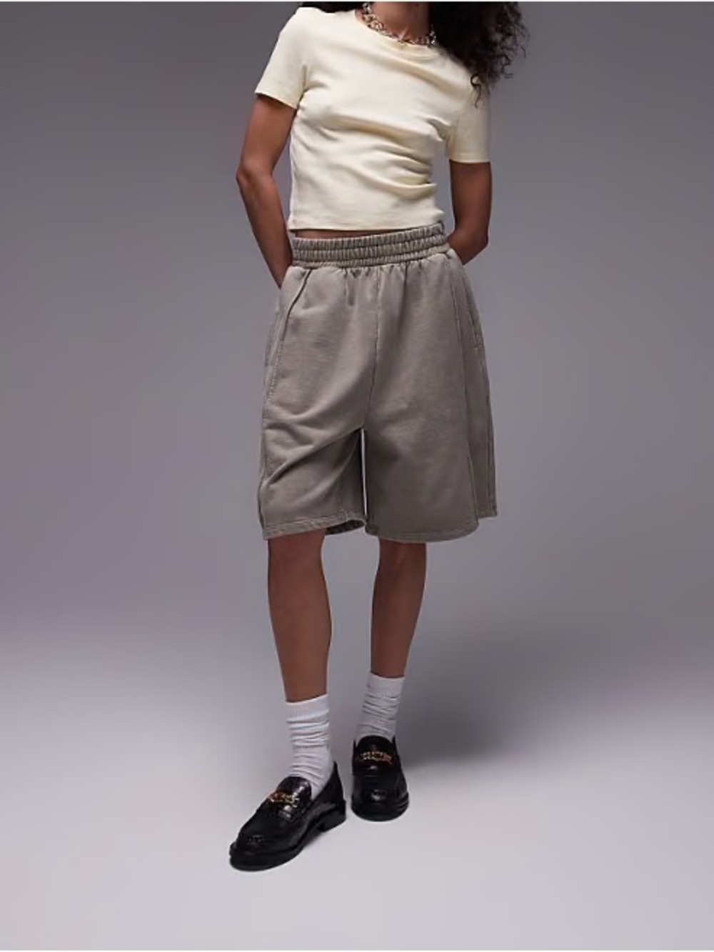 Topshop long jersey Bermuda Shorts, New, size XS, khaki acid wash